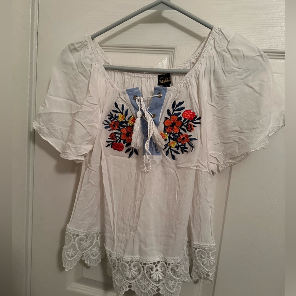 Embroidered White Top with Floral Design